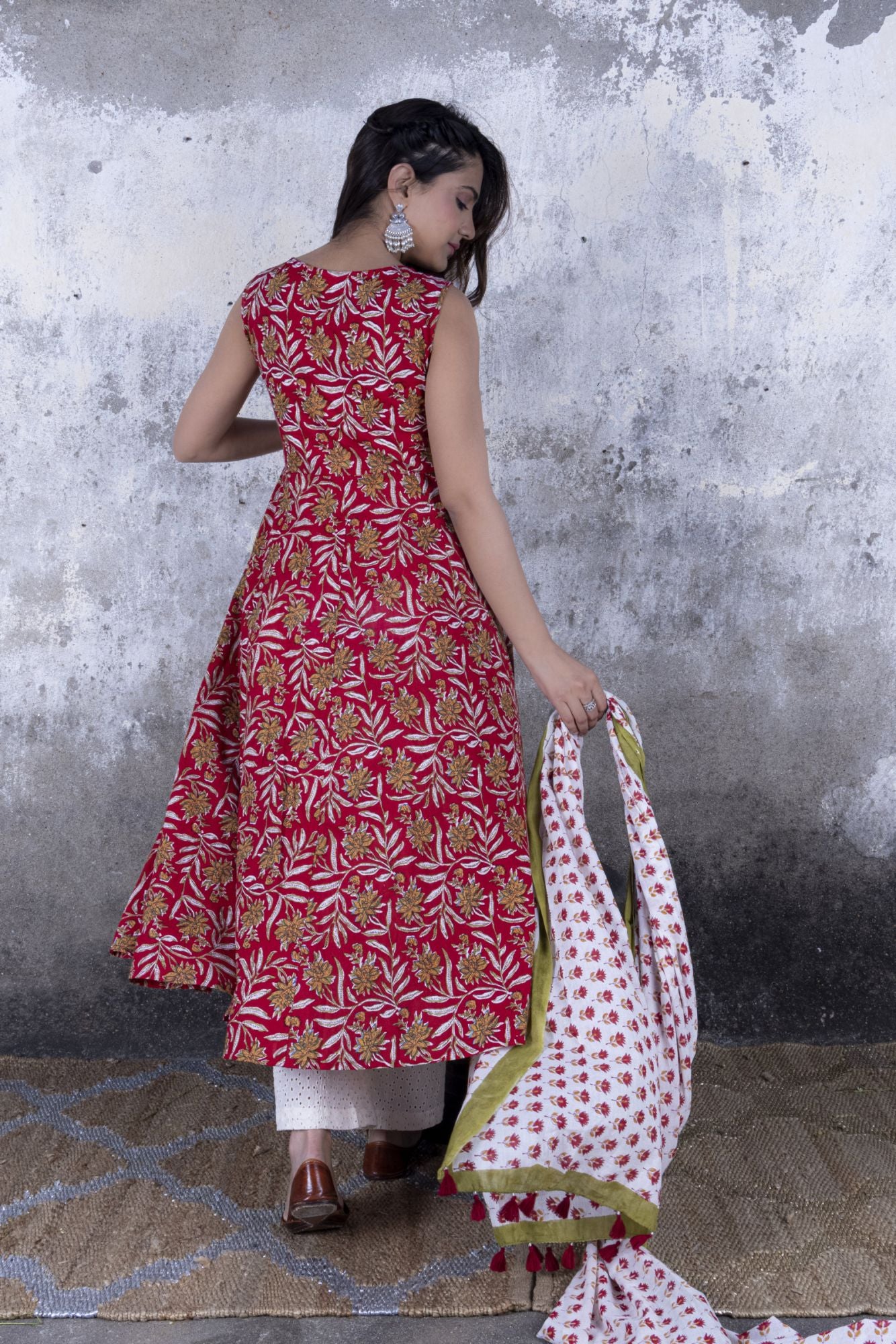 Red Jaal Print Anarkali Kurta with Pant & Dupatta (Set of 3)