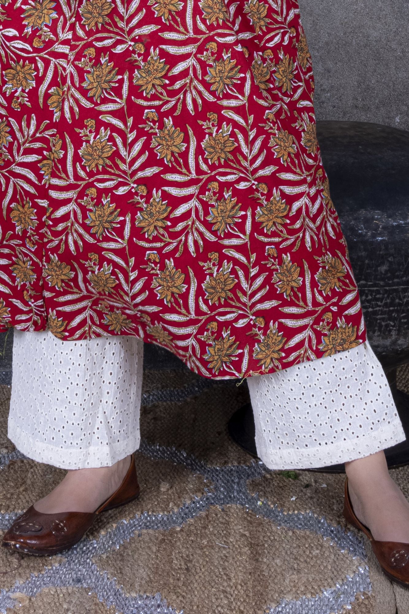 Red Jaal Print Anarkali Kurta with Pant & Dupatta (Set of 3)