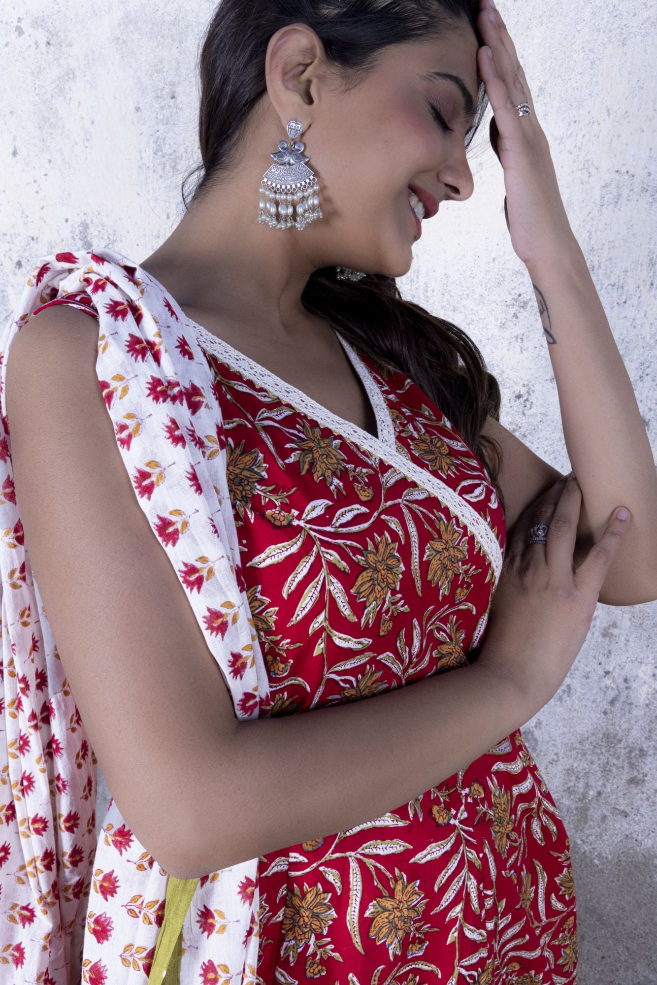 Red Jaal Print Anarkali Kurta with Pant & Dupatta (Set of 3)