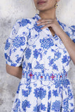 Blue Open Jaal Flared Midi Dress with Belt
