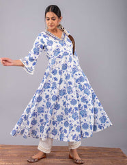 Blue Open jaal Print Anarkali Kurta with pant (Set of 2)