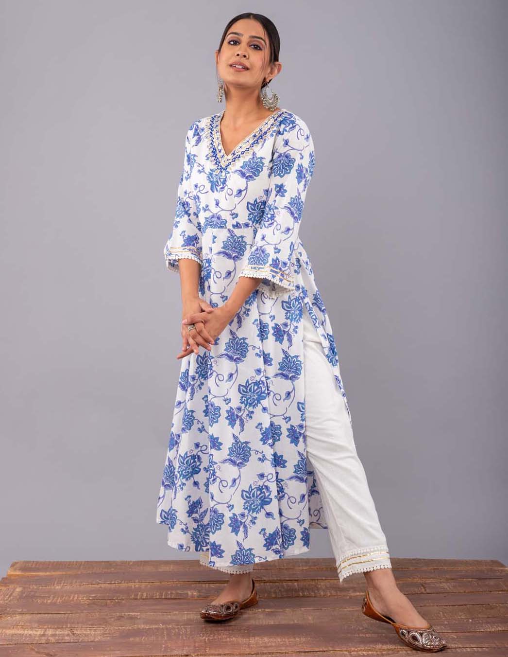 Blue Open jaal Print Anarkali Kurta with pant (Set of 2)
