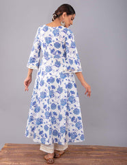 Blue Open jaal Print Anarkali Kurta with pant (Set of 2)