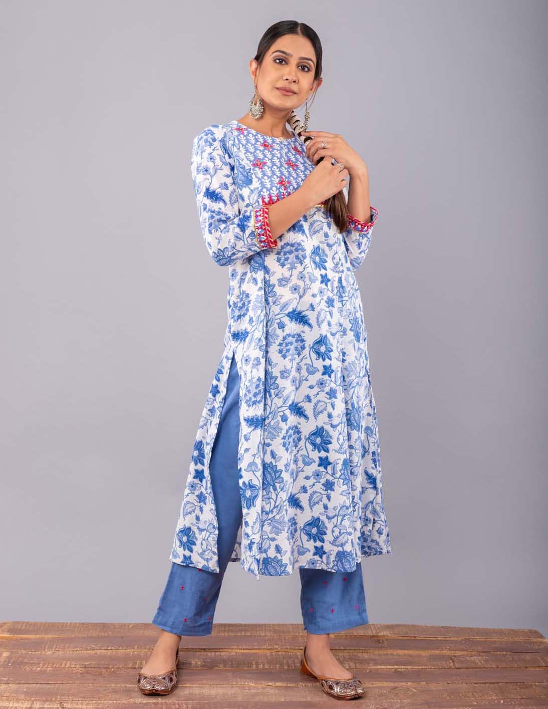 Indigo Floral print A-line Kurta with Pant (Set of 2)