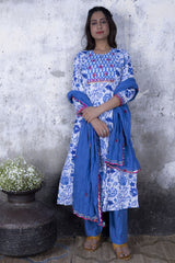 Indigo Floral Print A-line Kurta with Pant & Dupatta (Set of 3)