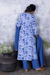 Indigo Floral Print A-line Kurta with Pant & Dupatta (Set of 3)
