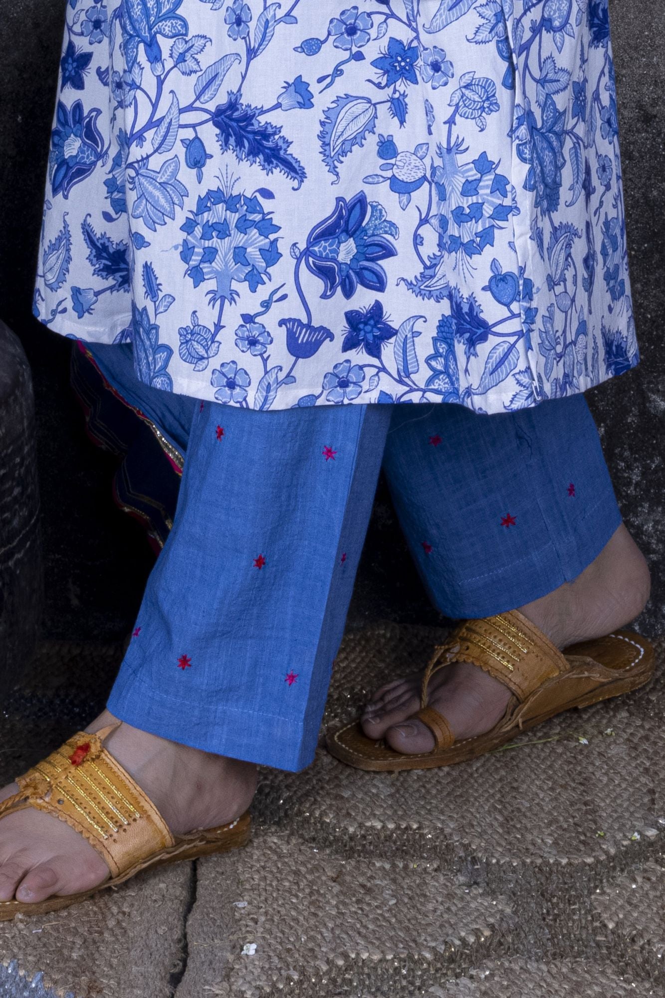 Indigo Floral Print A-line Kurta with Pant & Dupatta (Set of 3)