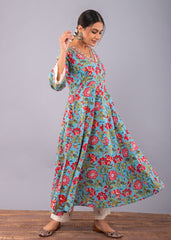 Teal Blue Floral Print Anarkali Kurta with Pant. (Set of 2)