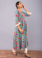 Teal Blue Floral Print Anarkali Kurta with Pant. (Set of 2)