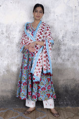 Teal Blue Floral Anarkali Kurta with Pant & Dupatta (Set of 3)