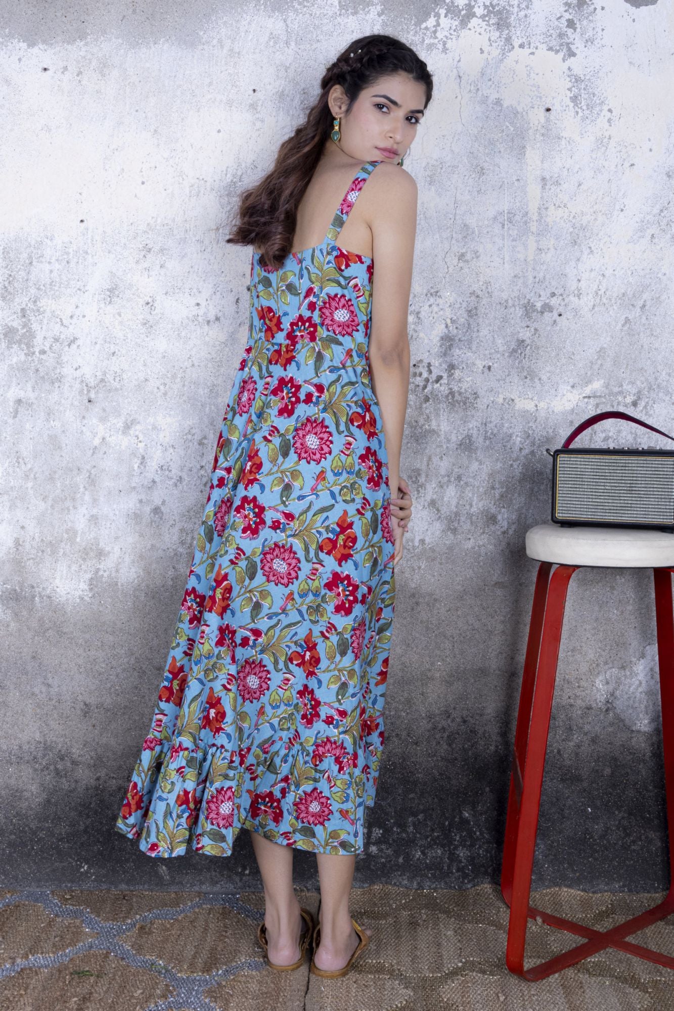 Teal Blue Floral Print Midi Dress