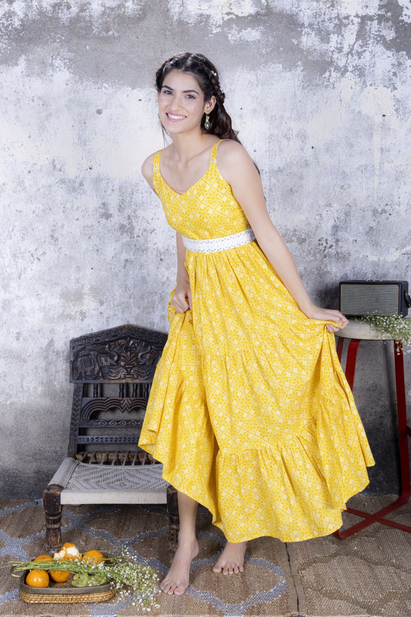 Yellow Printed Maxi Dress with Belt
