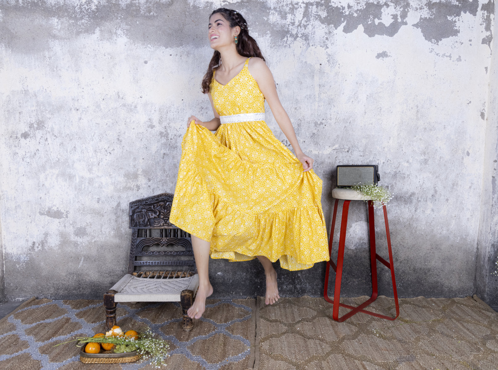 Yellow Printed Maxi Dress with Belt