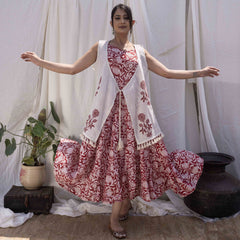 Red Pomegranate Print Flared Dress with Cape (set of 2)