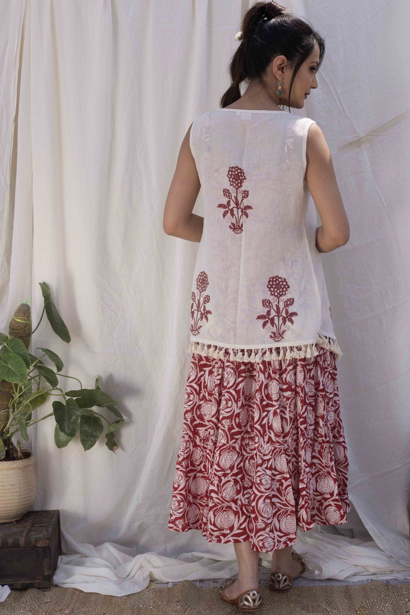 Red Pomegranate Print Flared Dress with Cape (set of 2)
