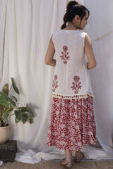 Red Pomegranate Print Flared Dress with Cape (set of 2)