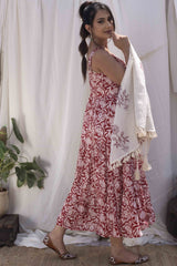 Red Pomegranate Print Flared Dress with Cape (set of 2)