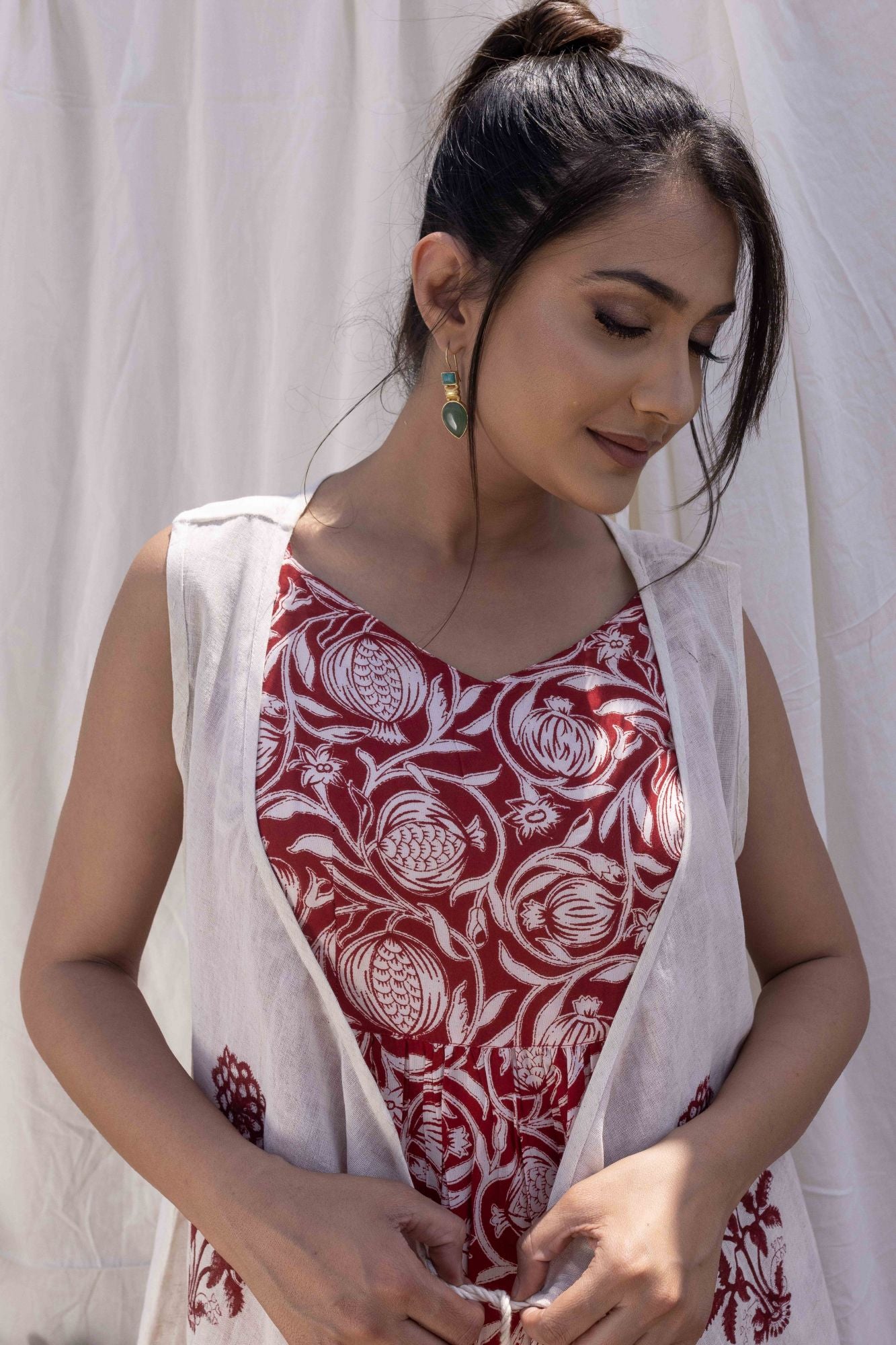 Red Pomegranate Print Flared Dress with Cape (set of 2)