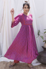 Magenta Printed Gathered Kurta with Pant (set of 2)