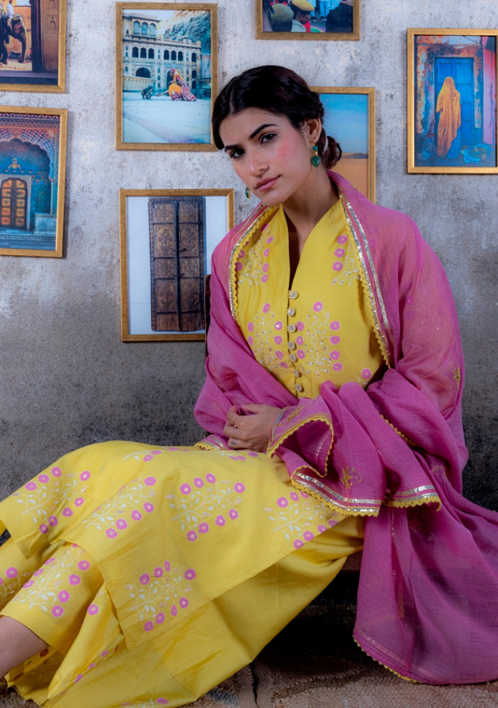 Yellow Block Printed Chanderi Suit with Gota Dupatta (Set of 3)